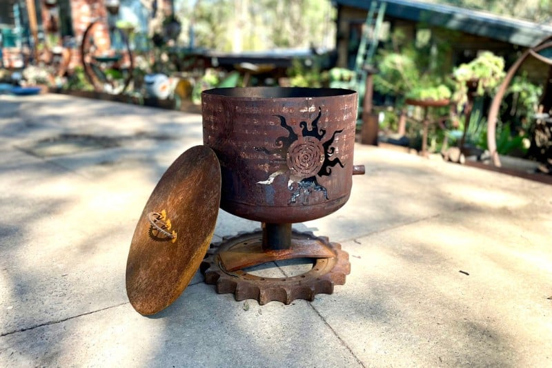 Reclaimed steel small firepit with handcut details